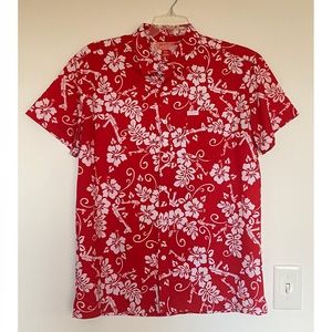 Retro Rifle Elvis Inspired Aloha Red and White Floral Hawaiian Shirt size Large